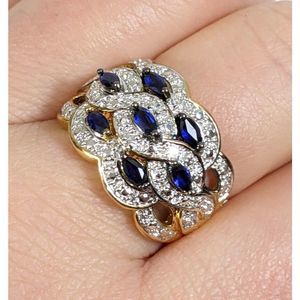 Size 7.25 - 925 Gold Toned wide band simulated sapphire Blue CZ Sterling  Ring